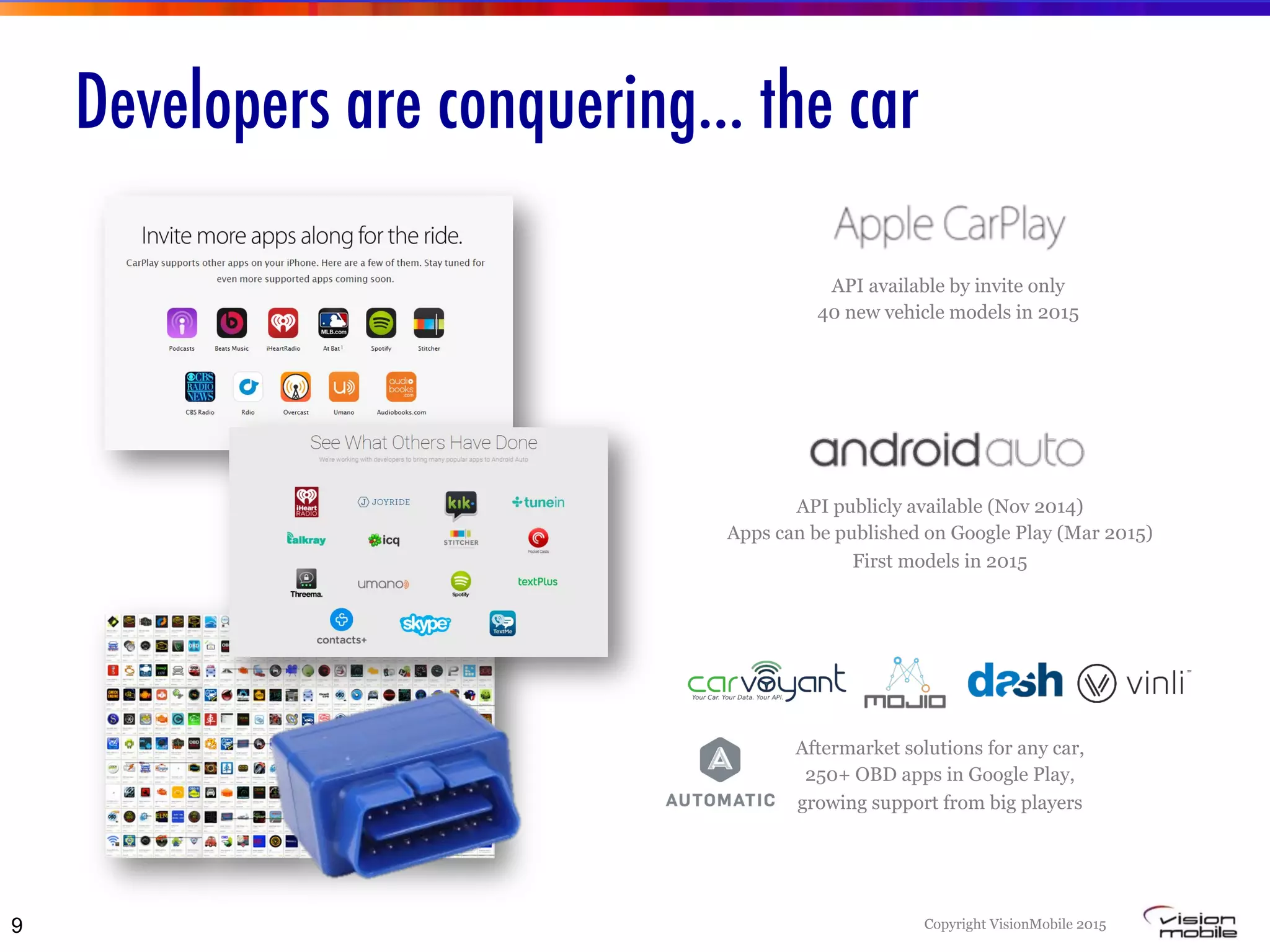 Copyright VisionMobile 2015
Developers are conquering… the car
Aftermarket solutions for any car,
250+ OBD apps in Google Play,
growing support from big players
API available by invite only
40 new vehicle models in 2015
API publicly available (Nov 2014)
Apps can be published on Google Play (Mar 2015)
First models in 2015
9
 