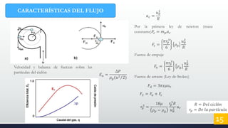 CARACTERÍSTICAS DEL FLUJO
Velocidad y balance de fuerzas sobre las
partículas del ciclón
𝑎 𝑐 =
𝑢 𝜃
2
𝑅
𝐹𝑐 =
𝜋𝑟𝑝
3
6
𝜌 𝑝
𝑢 𝜃
2
𝑅
Por la primera ley de newton (masa
constante)𝐹𝑐 = 𝑚 𝑝 𝑎 𝑐
Fuerza de empuje
𝐹𝑢 =
𝜋𝑟𝑝
3
6
𝜌 𝑔
𝑢 𝜃
2
𝑅
Fuerza de arraste (Ley de Stokes)
𝐹𝑑 = 3𝜋𝑥𝜇𝑢 𝑟
𝐹𝐶 = 𝐹𝑢 + 𝐹𝑐
𝑟𝑝
3
=
18𝜇
𝜌 𝑝 − 𝜌 𝑔
𝑟𝑝
3
𝑅
𝑢 𝜃
2 𝑢 𝑟
𝐸 𝑢 =
∆𝑃
𝜌 𝑔( 𝑢2 2)
15
𝑅 = 𝐷𝑒𝑙 𝑐𝑖𝑐𝑙ó𝑛
𝑟𝑝 = 𝐷𝑒 𝑙𝑎 𝑝𝑎𝑟𝑡í𝑐𝑢𝑙𝑎
 