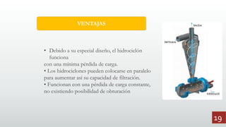 • Debido a su especial diseño, el hidrociclón
funciona
con una mínima pérdida de carga.
• Los hidrociclones pueden colocarse en paralelo
para aumentar así su capacidad de filtración.
• Funcionan con una pérdida de carga constante,
no existiendo posibilidad de obturación
VENTAJAS
19
 