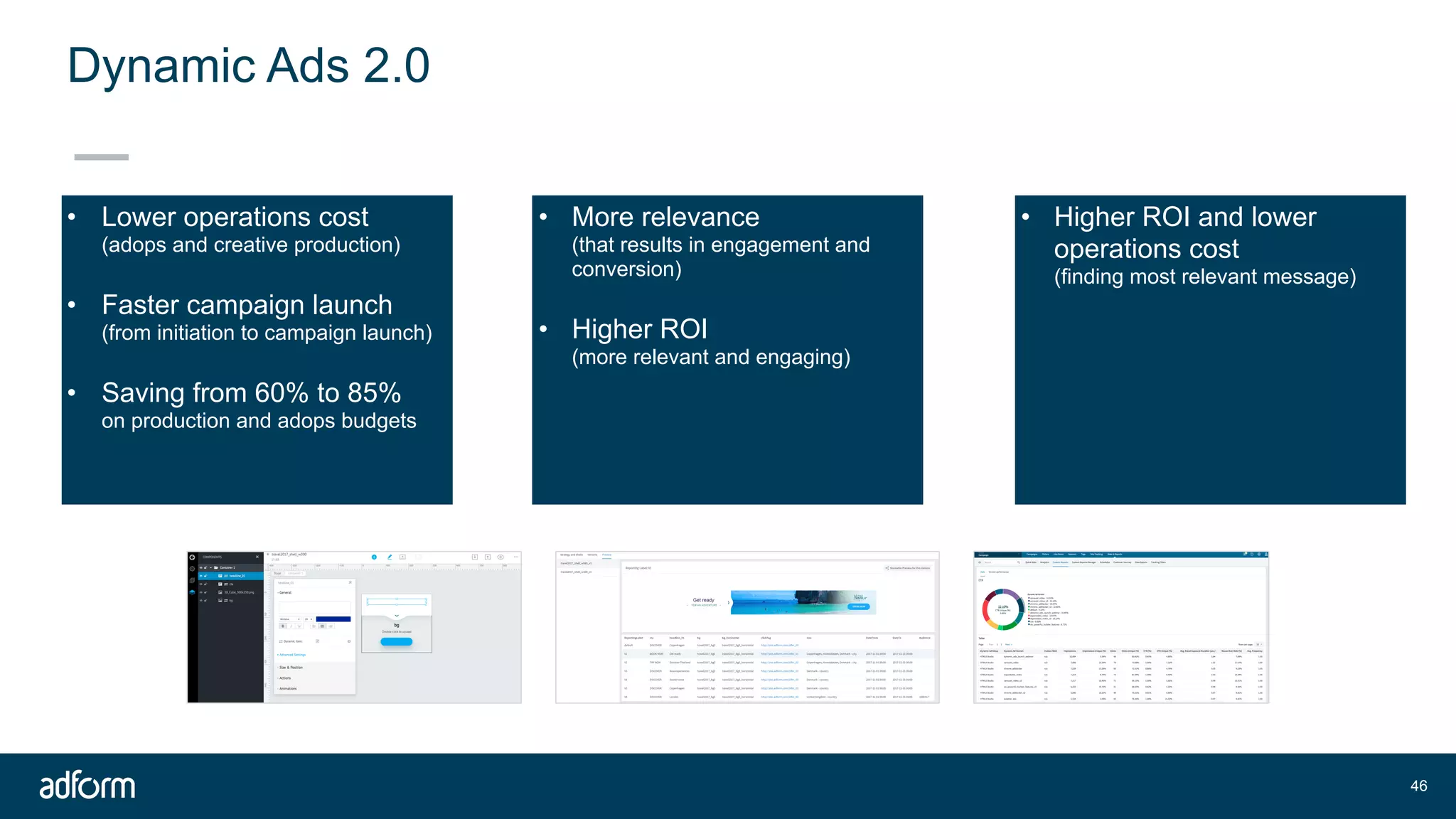 Dynamic Ads 2.0
!46
Efficiency & automation
• Runs across multiple formats
• Integrated directly into Ad
Server workflow
• Efficient spreadsheet workflow
• Powerful live preview
• Flexible reporting
Data signal activation
• Date & time
• Geo
• Site-tracking
• DMP data (1st, 3rd party, Ad
Server, combined)
• Adform Signals
Optimization
• Auto-optimization based on
powerful Bayesian math and ML
• Lower operations cost  
(adops and creative production) 
• Faster campaign launch
(from initiation to campaign launch) 
• Saving from 60% to 85%  
on production and adops budgets
• More relevance  
(that results in engagement and
conversion) 
• Higher ROI 
(more relevant and engaging)
• Higher ROI and lower
operations cost 
(finding most relevant message)
 