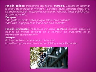 Función poética: Predominio del factor mensaje. Consiste en adornar
la forma de entregar el mensaje. Se utilizan figuras literarias, rimas, etc.
La encontramos en los poemas, canciones, refranes, frases publicitarias,
trabalenguas, etc.
Ejemplos
“Me gustas cuando callas porque estás como ausente”
“Más vale un pájaro en la mano que cien volando”
Función referencial: Predominio del factor contexto. Informa sobre los
hechos del mundo aludidos en el contexto. Lo importante es la
información que se trasmite.
Ejemplo
El Liceo de Renca se encuentra “tomado”.
Un avión cayó en las costas del archipiélago Juan Fernández.
 
 