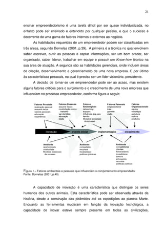 21
ensinar empreendedorismo é uma tarefa difícil por ser quase individualizada, no
entanto pode ser ensinado e entendido por qualquer pessoa, e que o sucesso é
decorrente de uma gama de fatores internos e externos ao negócio.
As habilidades requeridas de um empreendedor podem ser classificadas em
três áreas, segundo Dornelas (2001, p.39). A primeira é a técnica no qual envolvem
saber escrever, ouvir as pessoas e captar informações, ser um bom orador, ser
organizado, saber liderar, trabalhar em equipe e possuir um Know-how técnico na
sua área de atuação. A segunda são as habilidades gerenciais, onde incluem áreas
de criação, desenvolvimento e gerenciamento de uma nova empresa. E por último
às características pessoais, no qual é preciso ser um líder visionário, persistente.
A decisão de tornar-se um empreendedor pode ser ao acaso, mas existem
alguns fatores críticos para o surgimento e o crescimento de uma nova empresa que
influenciam no processo empreendedor, conforme figura a seguir:
Figura 1 – Fatores ambientais e pessoais que influenciam o comportamento empreendedor
Fonte: Dornelas (2001, p.40)
A capacidade de inovação é uma característica que distingue os seres
humanos dos outros animais. Esta característica pode ser observada através da
história, desde a construção das pirâmides até as expedições ao planeta Marte.
Enquanto as ferramentas mudaram em função da inovação tecnológica, a
capacidade de inovar esteve sempre presente em todas as civilizações,
 