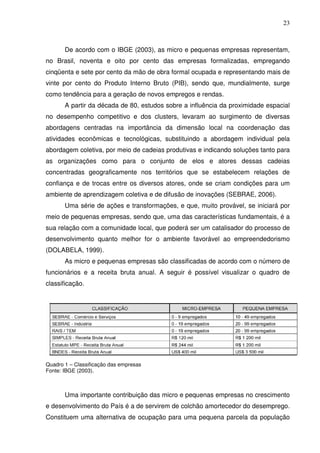 23
De acordo com o IBGE (2003), as micro e pequenas empresas representam,
no Brasil, noventa e oito por cento das empresas formalizadas, empregando
cinqüenta e sete por cento da mão de obra formal ocupada e representando mais de
vinte por cento do Produto Interno Bruto (PIB), sendo que, mundialmente, surge
como tendência para a geração de novos empregos e rendas.
A partir da década de 80, estudos sobre a influência da proximidade espacial
no desempenho competitivo e dos clusters, levaram ao surgimento de diversas
abordagens centradas na importância da dimensão local na coordenação das
atividades econômicas e tecnológicas, substituindo a abordagem individual pela
abordagem coletiva, por meio de cadeias produtivas e indicando soluções tanto para
as organizações como para o conjunto de elos e atores dessas cadeias
concentradas geograficamente nos territórios que se estabelecem relações de
confiança e de trocas entre os diversos atores, onde se criam condições para um
ambiente de aprendizagem coletiva e de difusão de inovações (SEBRAE, 2006).
Uma série de ações e transformações, e que, muito provável, se iniciará por
meio de pequenas empresas, sendo que, uma das características fundamentais, é a
sua relação com a comunidade local, que poderá ser um catalisador do processo de
desenvolvimento quanto melhor for o ambiente favorável ao empreendedorismo
(DOLABELA, 1999).
As micro e pequenas empresas são classificadas de acordo com o número de
funcionários e a receita bruta anual. A seguir é possível visualizar o quadro de
classificação.
Quadro 1 – Classificação das empresas
Fonte: IBGE (2003).
Uma importante contribuição das micro e pequenas empresas no crescimento
e desenvolvimento do País é a de servirem de colchão amortecedor do desemprego.
Constituem uma alternativa de ocupação para uma pequena parcela da população
 