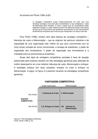 34
De acordo com Porter (1990, p.02):
A vantagem competitiva surge fundamentalmente do valor que uma
empresa consegue criar para seus compradores e que ultrapassa o custo
de fabricação pela empresa. O valor é aquilo que os compradores estão
dispostos a pagar e o valor superior provém da oferta de preços mais baixos
do que os da concorrência por benefícios equivalentes ou do financiamento
de benefícios singulares que mais do que compensam um preço mais alto.
Para Porter (1990), existem dois tipos básicos de vantagem competitiva –
liderança de custo e diferenciação – que se originam da estrutura industrial e da
capacidade de uma organização lidar melhor do que seus concorrentes com as
cinco forças (entrada de novos concorrentes, a ameaça de substitutos, o poder de
negociação dos compradores, o poder de negociação dos fornecedores e a
rivalidade entre os concorrentes já existentes).
Esses dois tipos de vantagens competitivas somadas à faixa de atuação
selecionada pela empresa resultam em três estratégias genéricas para obtenção de
melhor desempenho em uma indústria: liderança de custo, diferenciação e enfoque.
A estratégia enfoque tem duas variações: enfoque no custo e enfoque na
diferenciação. A seguir na figura 3 é possível visualizar as estratégias competitivas
genéricas.
Figura 3: Três Estratégias Genéricas
Fonte: Porter (1990, p.10)
1.Liderança de Custo
3.A. Enfoque no Custo
2. Diferenciação
3.B. Enfoque na
Diferenciação
Custo mais baixo Diferenciação
Alvo Amplo
Alvo Escrito
VANTAGEM COMPETITIVA
ESCOPO
COMPETITIVO
 