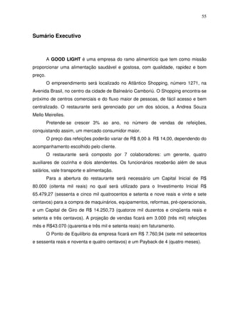 55
Sumário Executivo
A GOOD LIGHT é uma empresa do ramo alimentício que tem como missão
proporcionar uma alimentação saudável e gostosa, com qualidade, rapidez e bom
preço.
O empreendimento será localizado no Atlântico Shopping, número 1271, na
Avenida Brasil, no centro da cidade de Balneário Camboriú. O Shopping encontra-se
próximo de centros comerciais e do fluxo maior de pessoas, de fácil acesso e bem
centralizado. O restaurante será gerenciado por um dos sócios, a Andrea Souza
Mello Meirelles.
Pretende-se crescer 3% ao ano, no número de vendas de refeições,
conquistando assim, um mercado consumidor maior.
O preço das refeições poderão variar de R$ 8,00 à R$ 14,00, dependendo do
acompanhamento escolhido pelo cliente.
O restaurante será composto por 7 colaboradores: um gerente, quatro
auxiliares de cozinha e dois atendentes. Os funcionários receberão além de seus
salários, vale transporte e alimentação.
Para a abertura do restaurante será necessário um Capital Inicial de R$
80.000 (oitenta mil reais) no qual será utilizado para o Investimento Inicial R$
65.479,27 (sessenta e cinco mil quatrocentos e setenta e nove reais e vinte e sete
centavos) para a compra de maquinários, equipamentos, reformas, pré-operacionais,
e um Capital de Giro de R$ 14.250,73 (quatorze mil duzentos e cinqüenta reais e
setenta e três centavos). A projeção de vendas ficará em 3.000 (três mil) refeições
mês e R$43.070 (quarenta e três mil e setenta reais) em faturamento.
O Ponto de Equilíbrio da empresa ficará em R$ 7.760,94 (sete mil setecentos
e sessenta reais e noventa e quatro centavos) e um Payback de 4 (quatro meses).
 