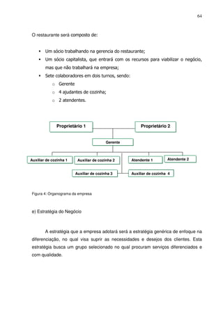 64
O restaurante será composto de:
Um sócio trabalhando na gerencia do restaurante;
Um sócio capitalista, que entrará com os recursos para viabilizar o negócio,
mas que não trabalhará na empresa;
Sete colaboradores em dois turnos, sendo:
o Gerente
o 4 ajudantes de cozinha;
o 2 atendentes.
Figura 4: Organograma da empresa
e) Estratégia do Negócio
A estratégia que a empresa adotará será a estratégia genérica de enfoque na
diferenciação, no qual visa suprir as necessidades e desejos dos clientes. Esta
estratégia busca um grupo selecionado no qual procuram serviços diferenciados e
com qualidade.
Proprietário 1 Proprietário 2
Gerente
Auxiliar de cozinha 1 Auxiliar de cozinha 2 Atendente 1 Atendente 2
Auxiliar de cozinha 3 Auxiliar de cozinha 4
 