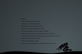 Objetivos: .Identificar diferentes tipos de alimentos; .Investigar o valor nutritivo dos alimentos; .Reconhecer diferentes e diversos alimentos; .Desenvolver o conceito de alimentação e saúde; .Conhecer a importância dos alimentos para nossa saúde.; .Concientizar sobre os danos que os agrotóxicos causam nos alimentos; . Mostrar através da alimentaçãoconsequência benigna e maligna para a sua vida. .Incentivar a comer alimentos saudáveis . .Valorizar uma alimentação saudável; .Reconhecer que a alimentação deve variar nas diferentes fases da vida; 