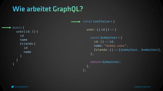 query {
user(id: 1) {
id
name
friends {
id
name
}
}
}
const rootValue = {
user: ({ id }) => {
const dummyUser = {
id: () => id,
name: "dummy-user",
friends: () => [dummyUser, dummyUser],
};
return dummyUser;
},
};
 