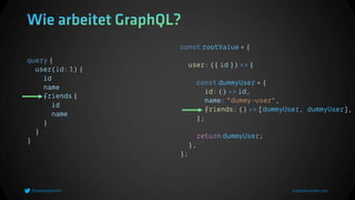 const rootValue = {
user: ({ id }) => {
const dummyUser = {
id: () => id,
name: "dummy-user",
friends: () => [dummyUser, dummyUser],
};
return dummyUser;
},
};
query {
user(id: 1) {
id
name
friends {
id
name
}
}
}
 