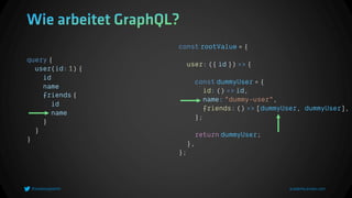const rootValue = {
user: ({ id }) => {
const dummyUser = {
id: () => id,
name: "dummy-user",
friends: () => [dummyUser, dummyUser],
};
return dummyUser;
},
};
query {
user(id: 1) {
id
name
friends {
id
name
}
}
}
 