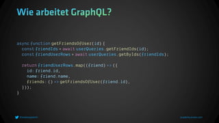 async function getFriendsOfUser(id) {
const friendIds = await userQueries.getFriendIds(id);
const friendUserRows = await userQueries.getByIds(friendIds);
return friendUserRows.map((friend) => ({
id: friend.id,
name: friend.name,
friends: () => getFriendsOfUser(friend.id),
}));
}
 
