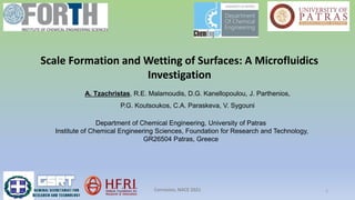 Scale Formation and Wetting of Surfaces: A Microfluidics
Investigation
Α. Tzachristas, R.E. Malamoudis, D.G. Kanellopoulou, J. Parthenios,
P.G. Koutsoukos, C.Α. Paraskeva, V. Sygouni
Department of Chemical Engineering, University of Patras
Institute of Chemical Engineering Sciences, Foundation for Research and Technology,
GR26504 Patras, Greece
Corrosion, NACE 2021 1
 