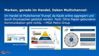 Marken, gerade im Handel, lieben Multichannel:
art&
Im Handel ist Multichannel Trumpf, da Käufe online aggregiert und
durch Drucksachen gestützt werden. Fazit: Ohne Papier-gebundene
Kommunikation geht nichts. —MGA Metro Group
Quelle: http://wp.me/p2C5zg-Ph
 