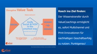 http://valuetrendradar.com/value-communications-manifesto/
art&
Rasch ins Ziel finden:  
Der Wissenstransfer durch
ValueCoachings ermöglicht
es, sofort Multichannel und
Print-Innovationen für
nachhaltigen Geschäftserfolg
zu nutzen. Punktgenau!
 