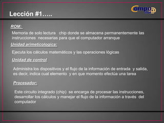 Lección #1…..
ROM:
Memoria de solo lectura chip donde se almacena permanentemente las
instrucciones necesarias para que el computador arranque
Unidad arimeticologica:
Ejecuta los cálculos matemáticos y las operaciones lógicas
Unidad de control
Administra los dispositivos y el flujo de la información de entrada y salida,
es decir, indica cual elemento y en que momento efectúa una tarea
Procesador:
Este circuito integrado (chip) se encarga de procesar las instrucciones,
desarrollar los cálculos y manejar el flujo de la información a través del
computador

 