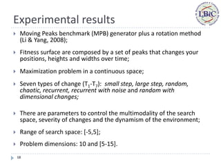 Experimental results
    Moving Peaks benchmark (MPB) generator plus a rotation method
     (Li & Yang, 2008);
    Fitness surface are composed by a set of peaks that changes your
     positions, heights and widths over time;
    Maximization problem in a continuous space;
    Seven types of change (T1-T7): small step, large step, random,
     chaotic, recurrent, recurrent with noise and random with
     dimensional changes;

    There are parameters to control the multimodality of the search
     space, severity of changes and the dynamism of the environment;
    Range of search space: [-5,5];
    Problem dimensions: 10 and [5-15].
    18
 