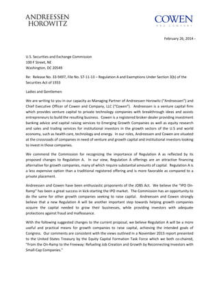 Andreesen Horowitz Regulation A Comment Letter 2 26 14