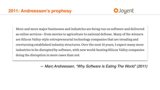 2011: Andreessen’s prophesy
— Marc Andreessen, “Why Software Is Eating The World” (2011)
 