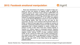 2012: Facebook emotional manipulation
Source: Kramer et al., “Experimental evidence of massive scale emotional contagion through social networks”
 