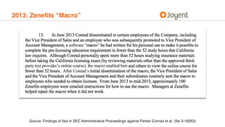2013: Zeneﬁts “Macro”
Source: Findings of fact in SEC Administrative Proceedings against Parker Conrad et al. (ﬁle 3-18263)
 