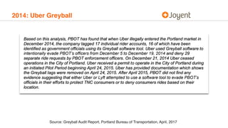 2014: Uber Greyball
Source: Greyball Audit Report, Portland Bureau of Transportation, April, 2017
 