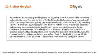 2014: Uber Greyball
Source: letter from Uber to Portland City Attorney, as quoted in Greyball Audit Report, Portland Bureau of Transportation, April, 2017
 