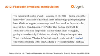 2012: Facebook emotional manipulation
Source: Kashmir Hill, “Facebook Manipulated 689,003 Users’ Emotions for Science” (Fo...