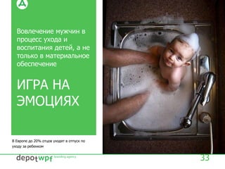 Вовлечение мужчин в
процесс ухода и
воспитания детей, а не
только в материальное
обеспечение
ИГРА НА
ЭМОЦИЯХ
33
В Европе до 20% отцов уходят в отпуск по
уходу за ребенком
 