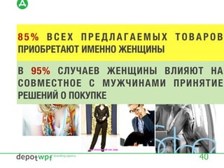 40
8 5 % В С Е Х П Р Е Д Л А Г А Е М Ы Х Т О В А Р О В
ПРИОБРЕТАЮТ ИМЕННО ЖЕНЩИНЫ
В 95% СЛУЧАЕВ ЖЕНЩИНЫ ВЛИЯЮТ НА
СОВМЕСТНОЕ С МУЖЧИНАМИ ПРИНЯТИЕ
РЕШЕНИЙ О ПОКУПКЕ
 