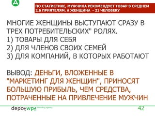 42
МНОГИЕ ЖЕНЩИНЫ ВЫСТУПАЮТ СРАЗУ В
ТРЕХ ПОТРЕБИТЕЛЬСКИХ" РОЛЯХ.
1) ТОВАРЫ ДЛЯ СЕБЯ
2) ДЛЯ ЧЛЕНОВ СВОИХ СЕМЕЙ
3) ДЛЯ КОМПАНИЙ, В КОТОРЫХ РАБОТАЮТ
ВЫВОД: ДЕНЬГИ, ВЛОЖЕННЫЕ В
"МАРКЕТИНГ ДЛЯ ЖЕНЩИН", ПРИНОСЯТ
БОЛЬШУЮ ПРИБЫЛЬ, ЧЕМ СРЕДСТВА,
ПОТРАЧЕННЫЕ НА ПРИВЛЕЧЕНИЕ МУЖЧИН
ПО СТАТИСТИКЕ, МУЖЧИНА РЕКОМЕНДУЕТ ТОВАР В СРЕДНЕМ
2,6 ПРИЯТЕЛЯМ, А ЖЕНЩИНА - 21 ЧЕЛОВЕКУ
 
