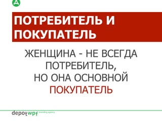ЖЕНЩИНА - НЕ ВСЕГДА
ПОТРЕБИТЕЛЬ,
НО ОНА ОСНОВНОЙ
ПОКУПАТЕЛЬ
ПОТРЕБИТЕЛЬ И
ПОКУПАТЕЛЬ
 