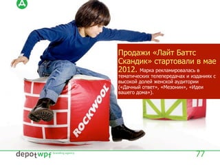 Продажи «Лайт Баттс
Скандик» стартовали в мае
2012. Марка рекламировалась в
тематических телепередачах и изданиях с
высокой долей женской аудитории
(«Дачный ответ», «Мезонин», «Идеи
вашего дома»).
77
 