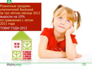 Розничные продажи
утеплителей Rockwool
за три летних месяца 2012
выросли на 10%
по сравнению с летом
2011 года
ТОВАР ГОДА-2012
78
 