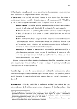 45 
b)Classificação dos dados, onde buscou-se relacionar os dados empíricos com os objetivos 
deste estudo. Esta foi composta por três etapas, como segue: 
Primeira etapa – Foi realizada uma leitura flutuante de todas as entrevistas buscando-se o 
contato exaustivo com o material, a fim de impregnar-se pelo seu conteúdo (MINAYO, 2006, 
p. 316). A partir deste ponto foram estabelecidos os seguintes núcleos de sentido: 
Raça/cor da pele: Este núcleo refere-se aos dados empíricos relativos à percepção e 
/ou visão de cada entrevistado (funcionário da instituição) sobre raça/cor da pele. 
Racismo: Relacionado às questões ligadas às várias formas de discriminar do ponto 
de vista de raça/cor da pele, exceto o racismo institucional que será tratado 
separadamente; 
Racismo Institucional: Refere-se à percepção dos entrevistados sobre e a forma como 
a instituição lida e gerencia a vigência de práticas discriminatórias pautadas pela 
raça/cor da pele em seu cotidiano, seja ignorando, reconhecendo ou combatendo o 
racismo como prática sociocultural intrainstitucionalmente. 
Identificação da raça/cor da pele: Refere-se às questões que permeiam a definição, e 
estão diretamente envolvidas com o processo de identificação da raça/cor da pele, 
assim como possíveis entraves, facilitadores, questões técnicas, culturais, sociais e 
subjetivas concernentes a esta prática. 
Durante o processo de leitura das entrevistas buscou-se identificar e estabelecer relações 
entre as questões que foram norteadoras do estudo, e os núcleos de sentidos4, realizando uma 
classificação inicial do material empírico. 
Segunda etapa – a partir dos núcleos de sentidos5 estabelecidos realizou-se uma leitura 
transversal do corpus, que foi estruturado a partir daqueles núcleos. Essa leitura foi possível 
através do recorte de cada núcleo de sentido, das entrevistas em “gavetas”, como mostra o 
Quadro 2. 
Terceira etapa – Uma vez conhecidos os núcleos de sentidos5, selecionou-se dos treze 
entrevistados, através da releitura das entrevistas, os fragmentos de falas ligados à entrevista, 
5 Entende-se aqui como núcleos de sentido expressões ou palavras que”compõem uma comunicação, cuja 
presença ou freqüência signifiquem alguma coisa para o objeto analítico ou visado[...] a presença de 
determinados temas denota estruturas de relevância, valores de referência e modelos de comportamento 
presentes ou subjacentes no discurso. ”(MINAYO, 2006, p.316). 
6 Para Gomes(1994), categoria está relacionada a um conceito que envolve características ou elementos que 
apresentam aspectos comuns ou que estabelecem relação entre si. 
 