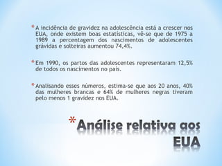 A incidência de gravidez na adolescência está a crescer nos EUA, onde existem boas estatísticas, vê-se que de 1975 a 1989 a percentagem dos nascimentos de adolescentes grávidas e solteiras aumentou 74,4%.  Em 1990, os partos das adolescentes representaram 12,5% de todos os nascimentos no país.  Analisando esses números, estima-se que aos 20 anos, 40% das mulheres brancas e 64% de mulheres negras tiveram pelo menos 1 gravidez nos EUA.  