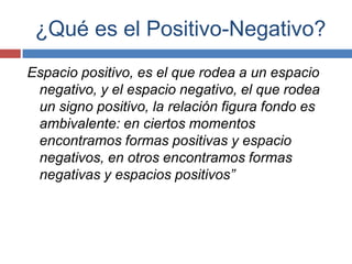¿Qué es el Positivo-Negativo?
Espacio positivo, es el que rodea a un espacio
 negativo, y el espacio negativo, el que rodea
 un signo positivo, la relación figura fondo es
 ambivalente: en ciertos momentos
 encontramos formas positivas y espacio
 negativos, en otros encontramos formas
 negativas y espacios positivos”
 