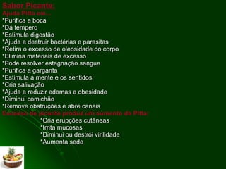 Sabor Picante:   Ajuda Pitta em... *Purifica a boca *Dá tempero *Estimula digestão *Ajuda a destruir bactérias e parasitas *Retira o excesso de oleosidade do corpo *Elimina materiais de excesso *Pode resolver estagnação sangue *Purifica a garganta  *Estimula a mente e os sentidos *Cria salivação *Ajuda a reduzir edemas e obesidade *Diminui comichão  *Remove obstruções e abre canais Excesso de picante produz um aumento de Pitta: *Cria erupções cutâneas  *Irrita mucosas  *Diminui ou destrói virilidade *Aumenta sede 