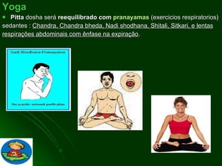 Yoga   Pitta  dosha será  reequilibrado com  pranayamas  (exercicios respiratorios) sedantes :  Chandra, Chandra bheda, Nadi shodhana, Shitali, Sitkari, e lentas respirações abdominais com ênfase na expiração .  