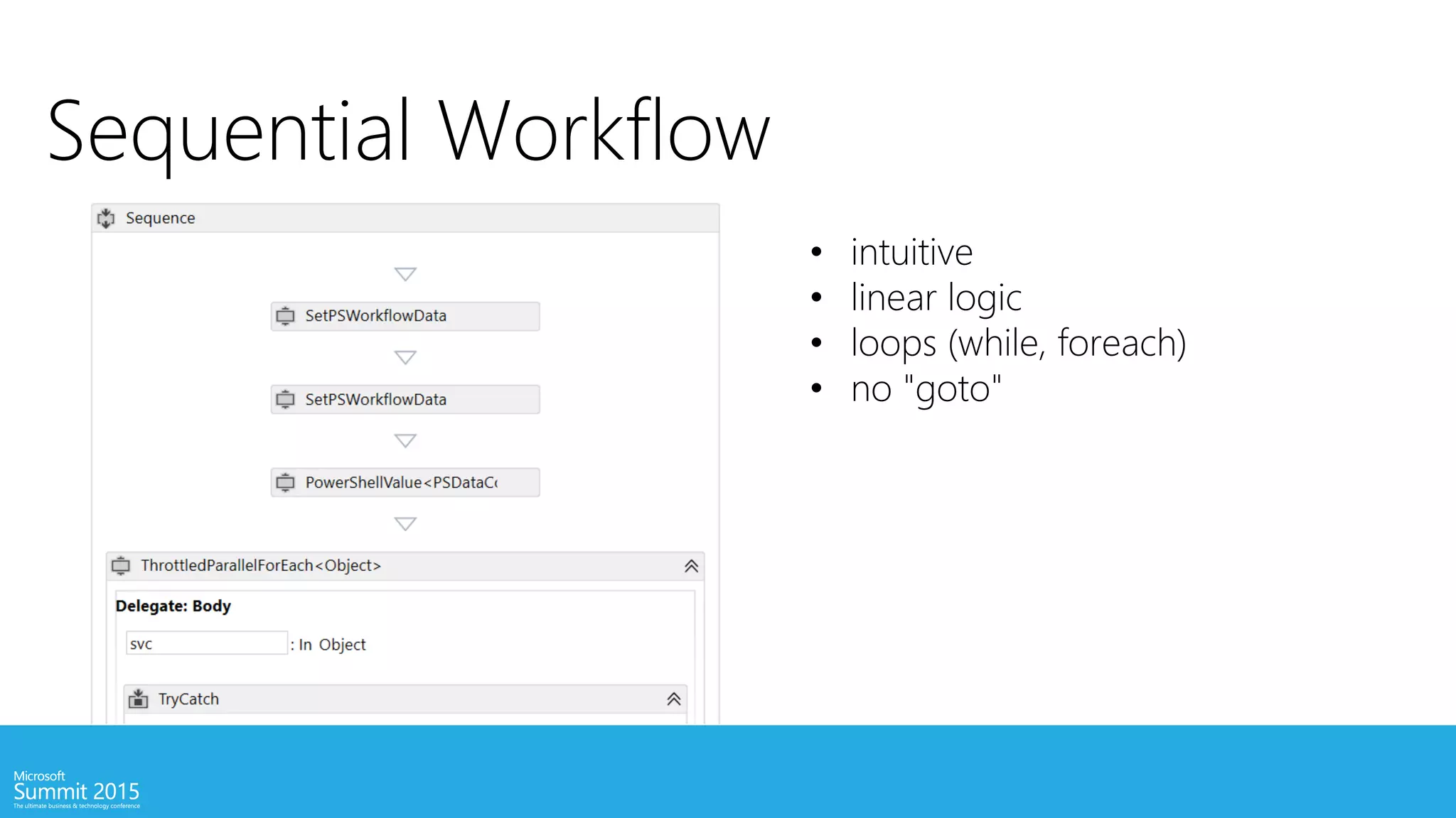 Sequential Workflow
• intuitive
• linear logic
• loops (while, foreach)
• no "goto"
 