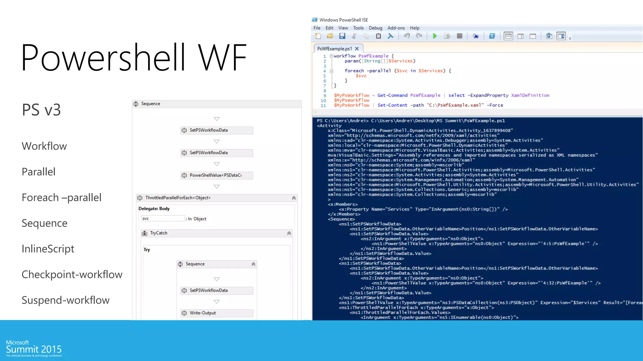 Powershell WF
PS v3
Workflow
Parallel
Foreach –parallel
Sequence
InlineScript
Checkpoint-workflow
Suspend-workflow
 