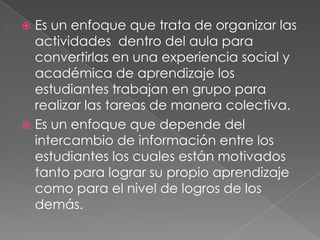  Es un enfoque que trata de organizar las
  actividades dentro del aula para
  convertirlas en una experiencia social y
  académica de aprendizaje los
  estudiantes trabajan en grupo para
  realizar las tareas de manera colectiva.
 Es un enfoque que depende del
  intercambio de información entre los
  estudiantes los cuales están motivados
  tanto para lograr su propio aprendizaje
  como para el nivel de logros de los
  demás.
 