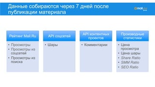 Рейтинг Mail.Ru
•  Просмотры
•  Просмотры из
соцсетей
•  Просмотры из
поиска
API соцсетей
•  Шары
API контентных
проектов
•  Комментарии
Производные
статистики
•  Цена
просмотра
•  Цена шары
•  Share Ratio
•  SMM Ratio
•  SEO Ratio
Данные собираются через 7 дней после
публикации материала
 