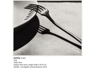 KERTÉSZ, André
Fork
1928, Paris
Gelatin silver print, Image 19.69 × 24.77 cm
LACMA - Los Angeles County Museum of Art
 