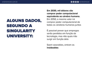 /andrelmiceliandrelmiceli.com.br
Em 2030, mil dólares vão
comprar poder computacional
equivalente ao cérebro humano.
Em 2050, o mesmo valor irá
comprar poder computacional de
todos os cérebros humanos juntos
É possível prever que empregos
serão perdidos em função da
tecnologia, mas não quais irão
surgir em função dela
Saem wearables, entram os
insideables
ALGUNS DADOS,
SEGUNDO A
SINGULARITY
UNIVERSITY:
 