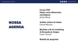 /andrelmiceliandrelmiceli.com.br
Cursos FGV
Dados como diferenciais
estratégicos
André Miceli
Análise criativa de dados
Cássia Messias
Big Data e IA em marketing.
A disrupção já chegou
Cezar Taurion
Rodada de perguntas
NOSSA
AGENDA
 