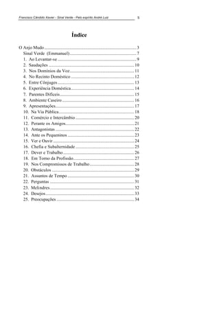 Francisco Cândido Xavier - Sinal Verde - Pelo espírito André Luiz 5
Índice
O Anjo Mudo...................................................................................3
Sinal Verde (Emmanuel)............................................................7
1. Ao Levantar-se .......................................................................9
2. Saudações .............................................................................10
3. Nos Domínios da Voz..........................................................11
4. No Recinto Doméstico .........................................................12
5. Entre Cônjuges.....................................................................13
6. Experiência Doméstica.........................................................14
7. Parentes Difíceis...................................................................15
8. Ambiente Caseiro.................................................................16
9. Apresentações.......................................................................17
10. Na Via Pública....................................................................18
11. Comércio e Intercâmbio.....................................................20
12. Perante os Amigos..............................................................21
13. Antagonistas .......................................................................22
14. Ante os Pequeninos ............................................................23
15. Ver e Ouvir .........................................................................24
16. Chefia e Subalternidade.....................................................25
17. Dever e Trabalho................................................................26
18. Em Torno da Profissão.......................................................27
19. Nos Compromissos de Trabalho........................................28
20. Obstáculos ..........................................................................29
21. Assuntos de Tempo ............................................................30
22. Perguntas ............................................................................31
23. Melindres............................................................................32
24. Desejos................................................................................33
25. Preocupações ......................................................................34
 