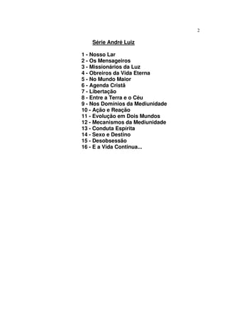 2

   Série André Luiz

1 - Nosso Lar
2 - Os Mensageiros
3 - Missionários da Luz
4 - Obreiros da Vida Eterna
5 - No Mundo Maior
6 - Agenda Cristã
7 - Libertação
8 - Entre a Terra e o Céu
9 - Nos Domínios da Mediunidade
10 - Ação e Reação
11 - Evolução em Dois Mundos
12 - Mecanismos da Mediunidade
13 - Conduta Espírita
14 - Sexo e Destino
15 - Desobsessão
16 - E a Vida Continua...
 