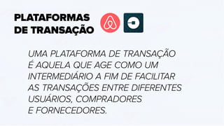 PLATAFORMAS
DE TRANSAÇÃO
UMA PLATAFORMA DE TRANSAÇÃO
É AQUELA QUE AGE COMO UM
INTERMEDIÁRIO A FIM DE FACILITAR
AS TRANSAÇÕES ENTRE DIFERENTES
USUÁRIOS, COMPRADORES
E FORNECEDORES.
 
