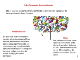 2.1.4 Factores de desenvolvimento

   São os aspetos que condicionam, facilitando ou dificultando, o processo de
   desenvolvimento do ser humano.




           Hereditariedade

É o processo de transmissão de
                                                                           Meio
características de pais para filhos.
                                                              Por meio entendemos o que
As características que herdamos
                                                              rodeia o ser humano onde
dos nossos progenitores são-nos
                                                              ele se desenvolve. Ao longo
transmitidas por hereditariedade.
                                                              da vida o ser humano insere-
São características que fazem parte
                                                              se em diferentes tipos de
do nosso código genético, são
                                                              meio: intra-uterino, físico e
inatas, ou seja, já nascem
                                                              social.
connosco.
 