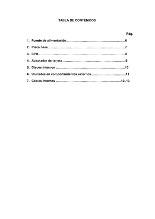 TABLA DE CONTENIDOS



                                                     Pág.

1. Fuente de alimentación…………………………………………..…….6

2. Placa base…………...………………………...…………………..……..7

3. CPU………………………………………………………………………...8

4. Adaptador de tarjeta ………………………………………………...….9

5. Discos internos ………………………………………………………....10

6. Unidades en comportamientos externos……….…………………...11

7. Cables internos …………………………………………………..….12..13
 
